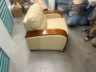 Cream Leather Sofa with Wood Arms