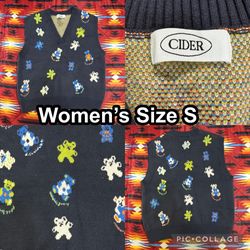 Cider Teddy Bear Gray Sweater Vest Women's Size Small Wool V-Neck Pullover