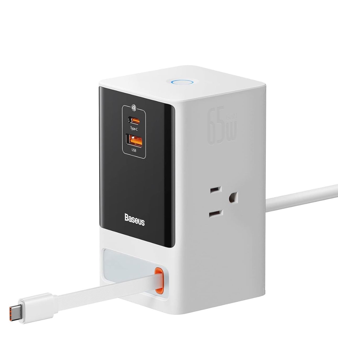Baseus 6-in-1 65W Charging Station with Retractable USB-C Cable, Power Combo USB C Power Strip for Multiple Devices, Fast Charger for iPhone, MacBook,