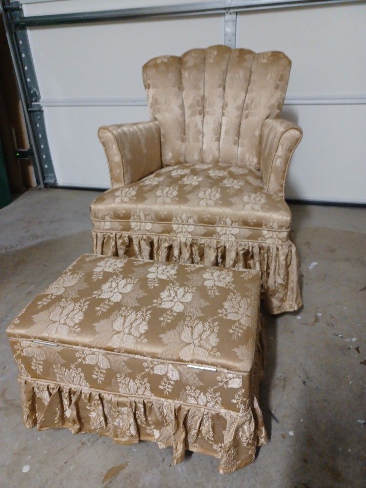 Beige Silky Vintorian Channel Back Chair With Stool