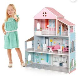 Wooden Dollhouse For Kids 3-Tier Toddler Doll House W/Furniture Gift For Age 3+