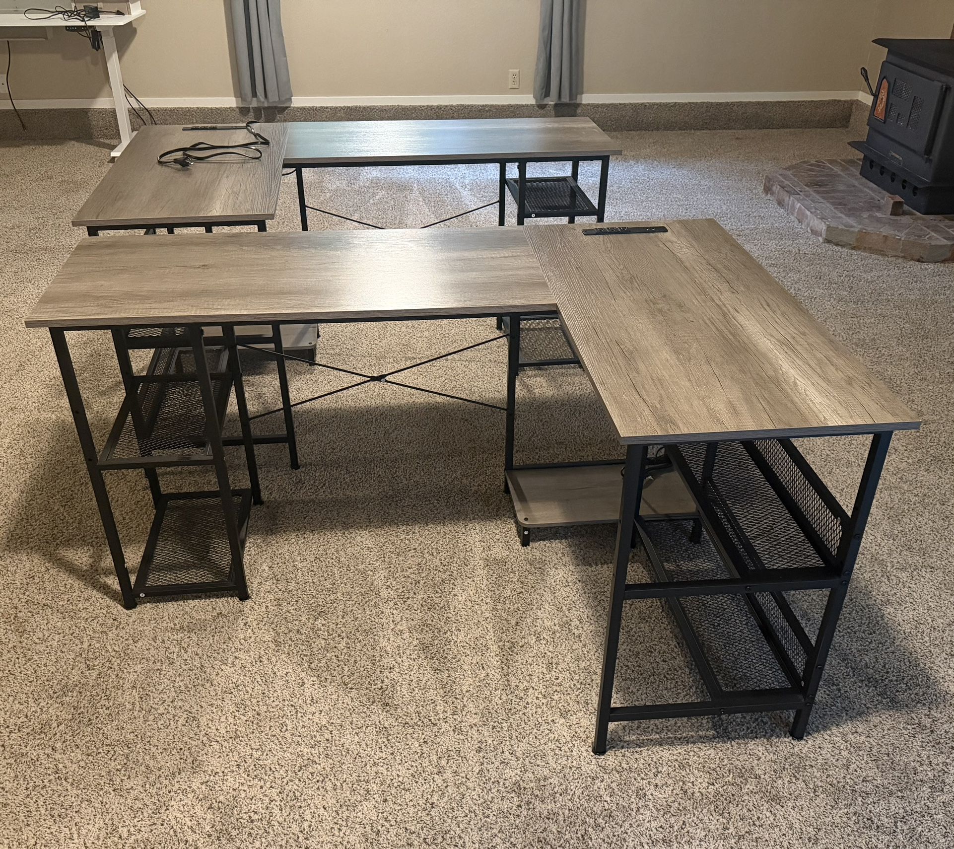 L-Shaped Computer Desks w/ Power + Shelving