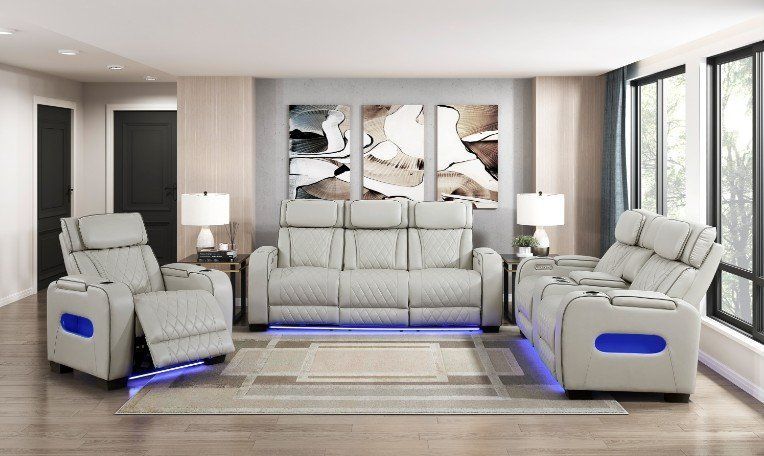 Power Reclining Sofa w/ diamond Stitch, LED light and wireless surround sound