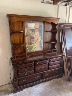 Large Wood Dresser with Mirror and Hutch