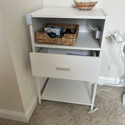 Nightstand with Charging Station, Modern End Table with Drawer, White Bedside Table with Open Storage  - Assembled Like NEW