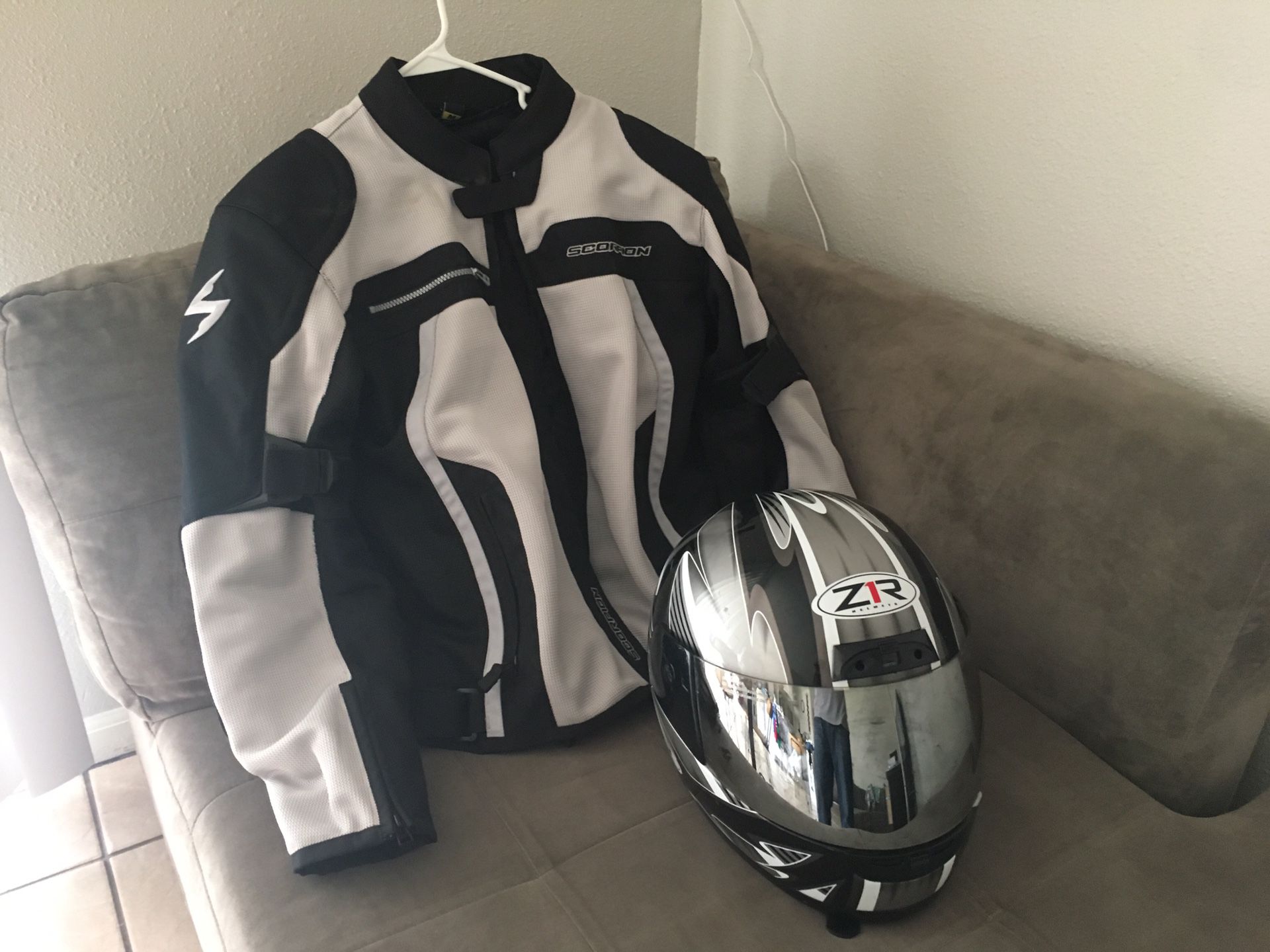 Scorpion motorcycle jacket and helmet