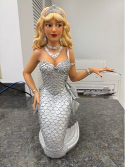 Glam Mermaid Lady Figurine Statue – Silver Glitter Resin Decor – 16” Tall