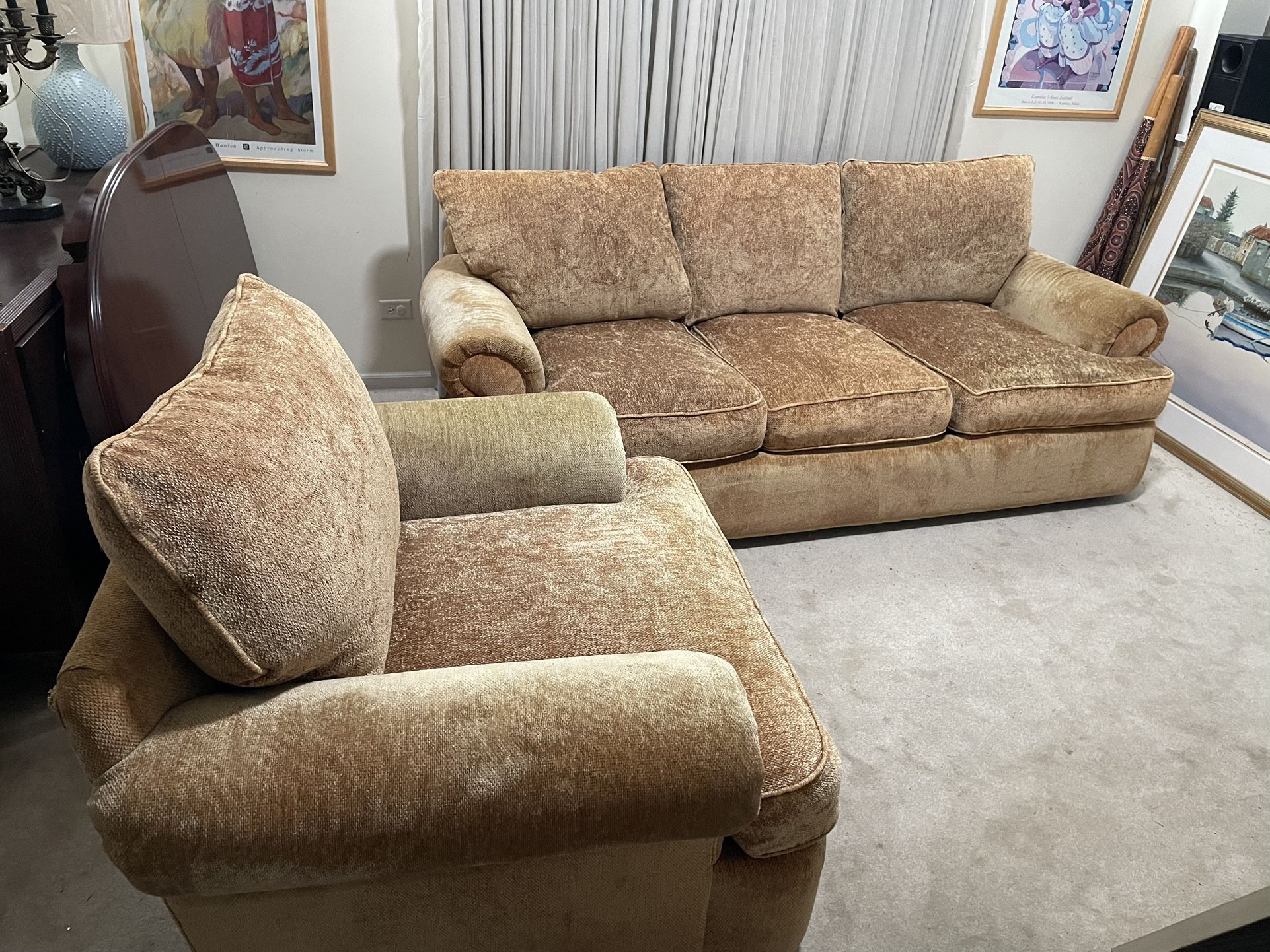 2pc Thomasville Oversized Gold Upholstered Sofa Set  Set includes Three Seater and Single Chair   