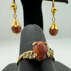 14k yellow gold Venturina stone Ball Leverback earrings and diamond ring sz 6.5 Set