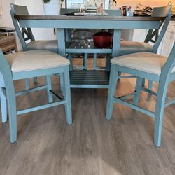 Solid Wood Teal Dining Table with 6 Chairs