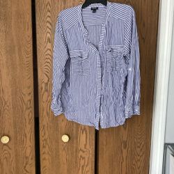 Long sleeve blue and white striped shirt