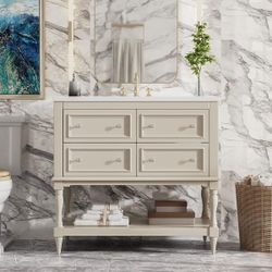 NEW Beige 36 in. W x 17.87 in. D x 33 in. H Solid Wood Bath Vanity Cabinet with Sink and 4 Drawers