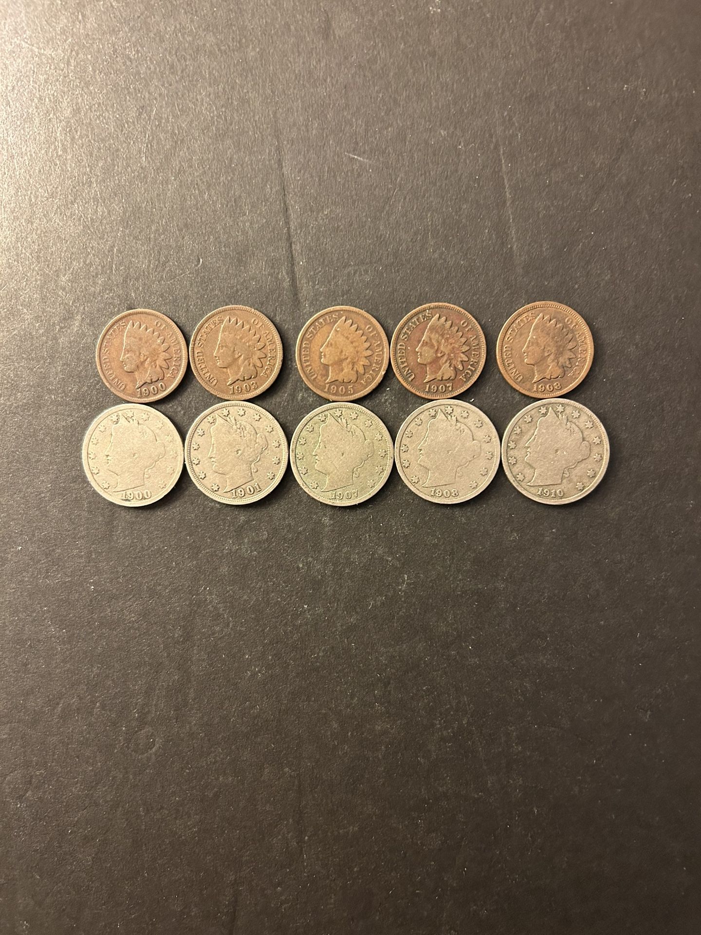 Coins – 5 different Date Indian pennies and 5 different Date Liberty V nickels – Total 10 coins $37