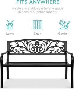 50" 3 - Person Steel Garden Bench with Floral Design Backrest, Black