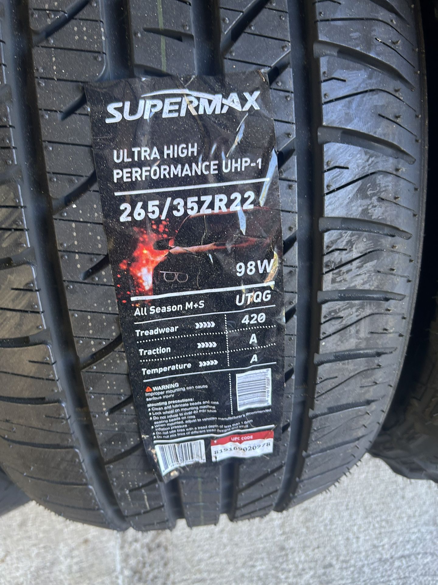 New 265/35 R22 Supermax UHP-1 $155per Tire