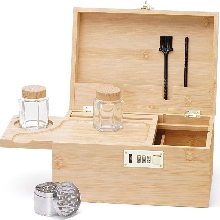 Large Decorative Bamboo Wooden Lock Box with Combination Lock – w/ Lid, Removable Tray/Jars