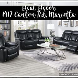 New 3pc Black, Leather Reclining Sofa, Loveseat, And Chair Living Room