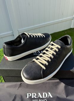 PRADA AGED-EFFECT BLACK PEBBLED LEATHER LOW-TOP SNEAKERS LOGO SZ US 11 UK 10 NEW