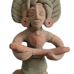 6” Clay Figure Mayan Aztec Man Wearing Headdress Holding Snake Made In Mexico 