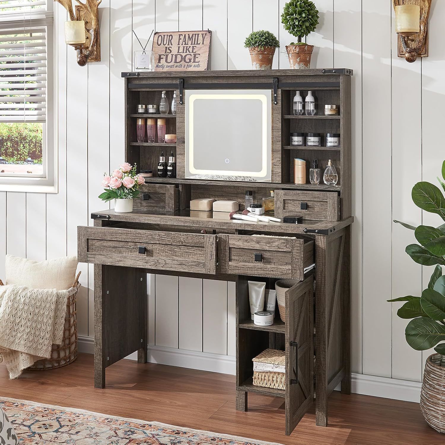 E34 $140  42'' Farmhouse Makeup Vanity Desk with Sliding Mirror and Lights