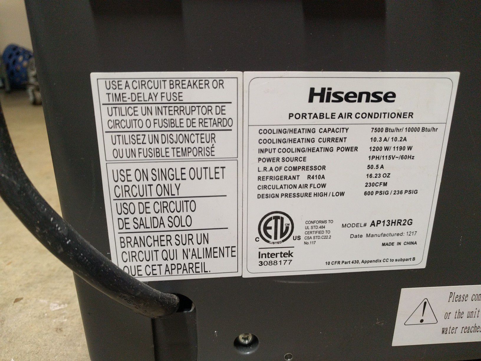Hisense portable air conditioner with remote control