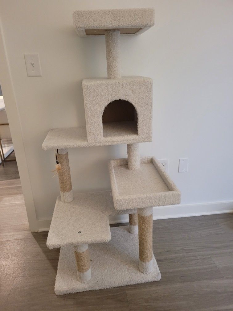Modern Beige Cat Tree Tower – Multi-Level with Hideaway & Scratching Posts