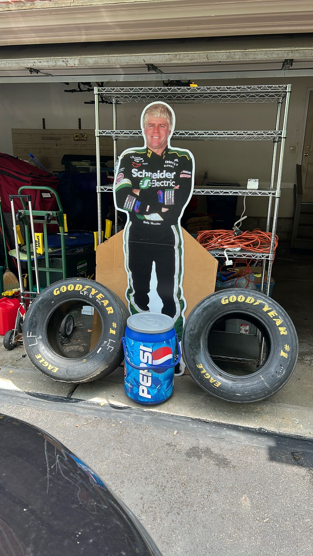 Two(2) Authentic NASCAR Goodyear Tires With Collectible Bobby Hamilton Stand Up And Pepsi Cooler