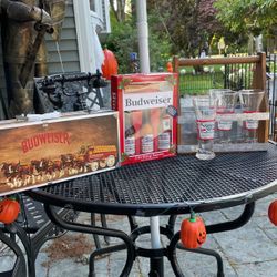 New Unused Budweiser Items: 2 Grilling Tools In Wood Box, Box Of 3 Budweiser Sauces, Wood 6 Pack Carrier With Bottle Opener And 4 Bud Pilsner Glasses