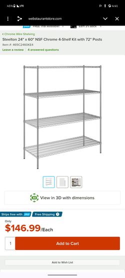 Steelton 24" x 60" NSF Chrome 4-Shelf Kit with 72" Posts
Item number Item #: