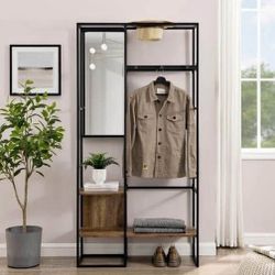 70" Modern Wood Hall Tree with Mirror - Rustic Oak(New In A Box)