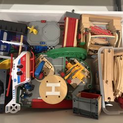 BRIO & Hape wooden train sets — including ~10 playsets, dozens of vehicles