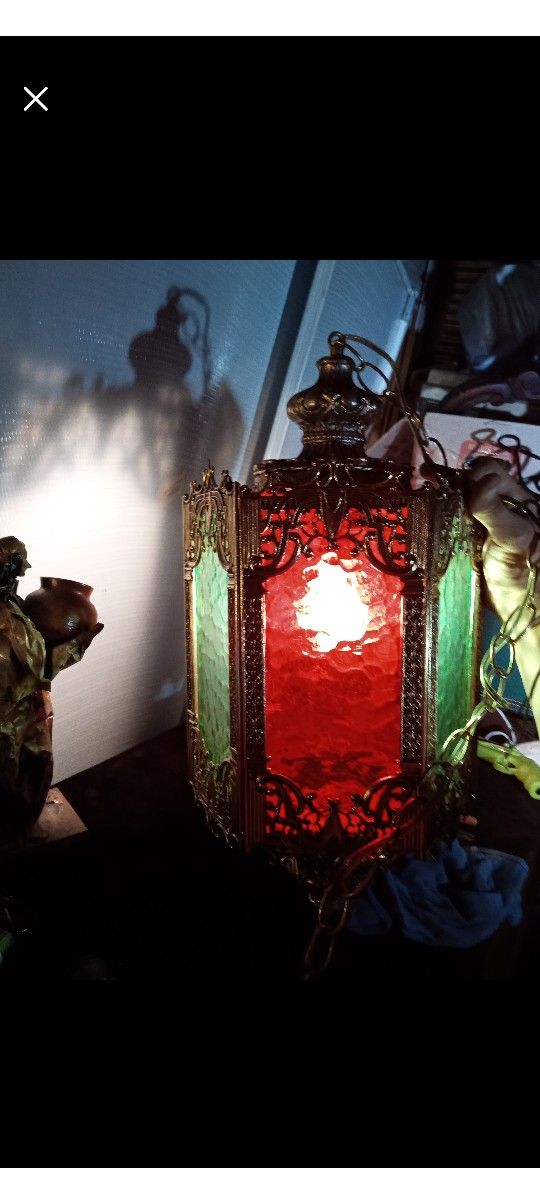 Vintage MCM Hollywood Regency Swag Lamp Light Fixture Red Gold Green Pull chain