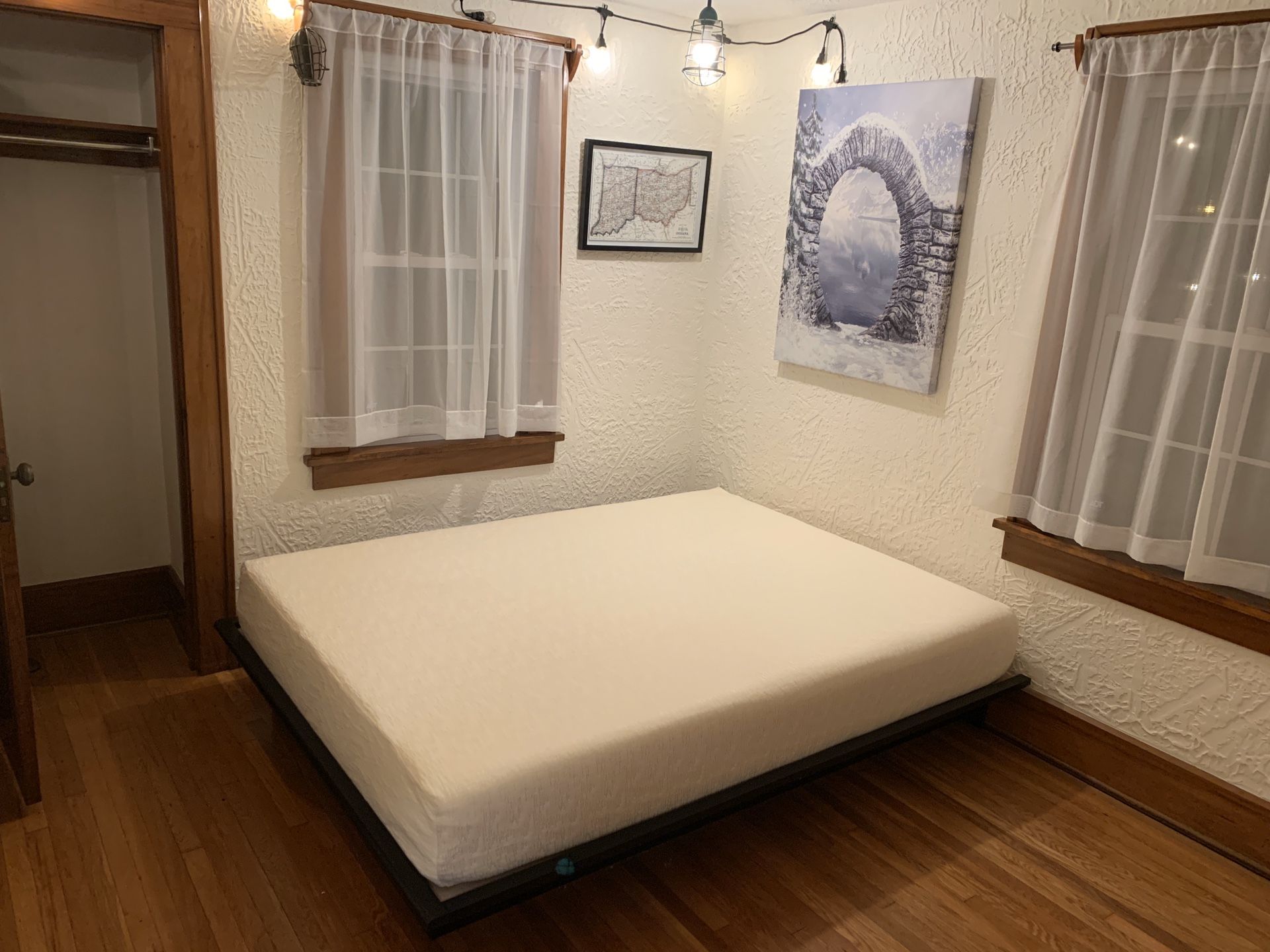 New queen flat bed frame with new mattress