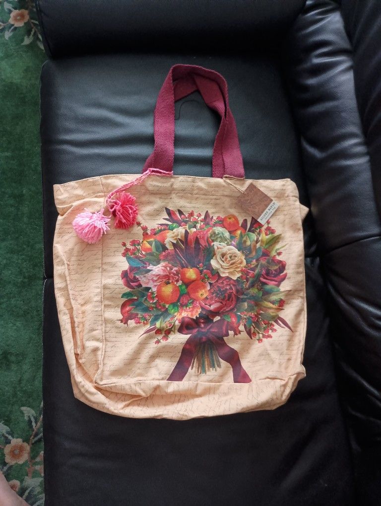 NWT Gilded Maple Floral Flower Bouquet Reusable Tote Bag with Burgundy Handles