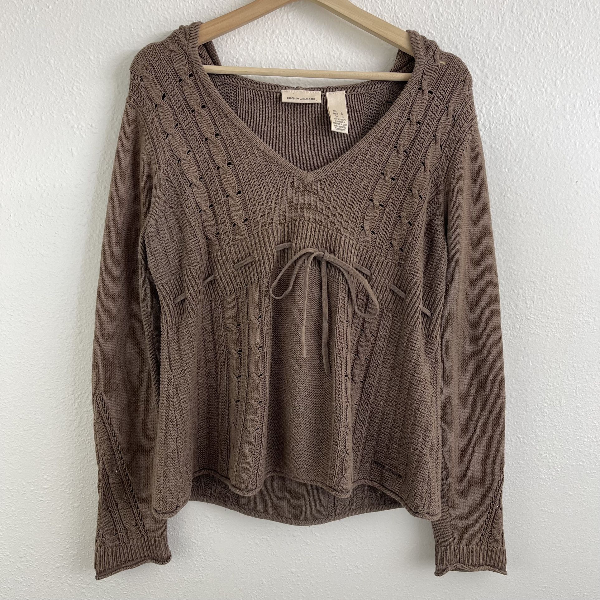 DKNY Womens Brown Y2K Bella Swan V Neck Long Sleeve Hooded Babydoll Sweater Top