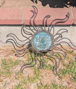 Metal Sun Face Wall Art with Glass Center