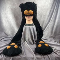Black Bear Plush Hooded Animal Hat Long Paw Hand Warmers Canada Maple Leaf