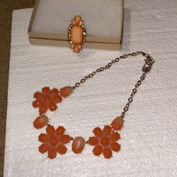 Vintage Coral Color Necklace And Matching Ring 