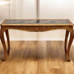 ⭕️ Vintage French Provincial Oak Console Table With Beveled Glass Top