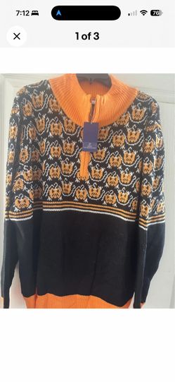 Unisex Halloween Sweater Black & Orange  angry Pumpkin   Colorblock Half Zip XXL