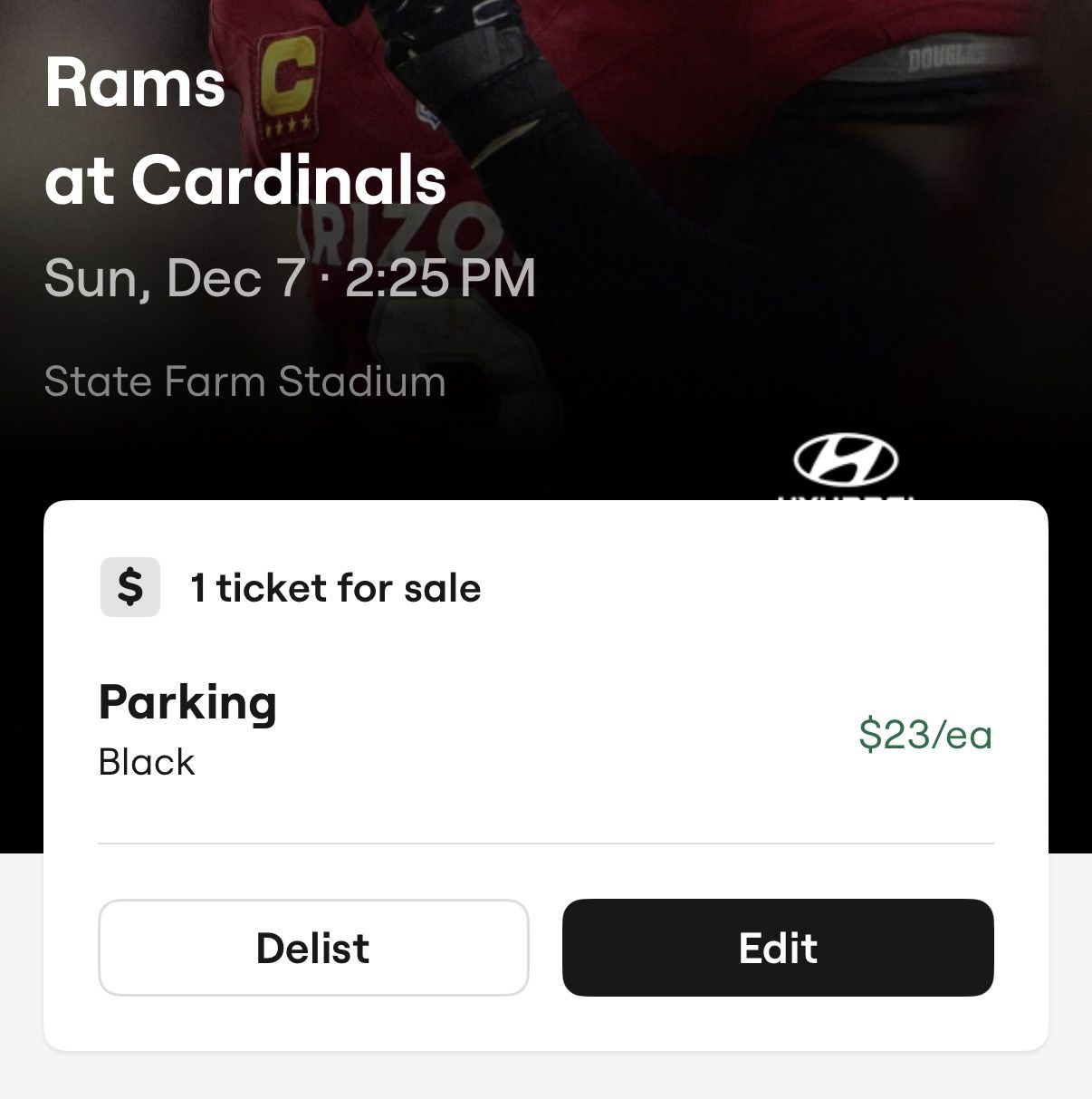 PARKING PASSES - Arizona Cardinals vs Los Angeles Rams - Dec 7th - 1 Black and 1 Purple pass