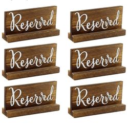 New Wooden Reserved Signs for Tables (6-Pack, Brown); Rustic Real Table Signs with Sign Holders for Weddings, Special Events, and Restaurant Use