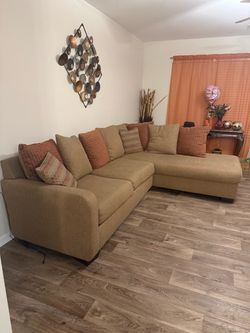 Tan Fabric L-Shaped Sectional Sofa with Chaise