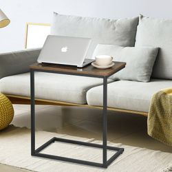 C Shaped Couch End Table Side Sofa Table for Living Room, TV Tray, Rustic Brown and Black

