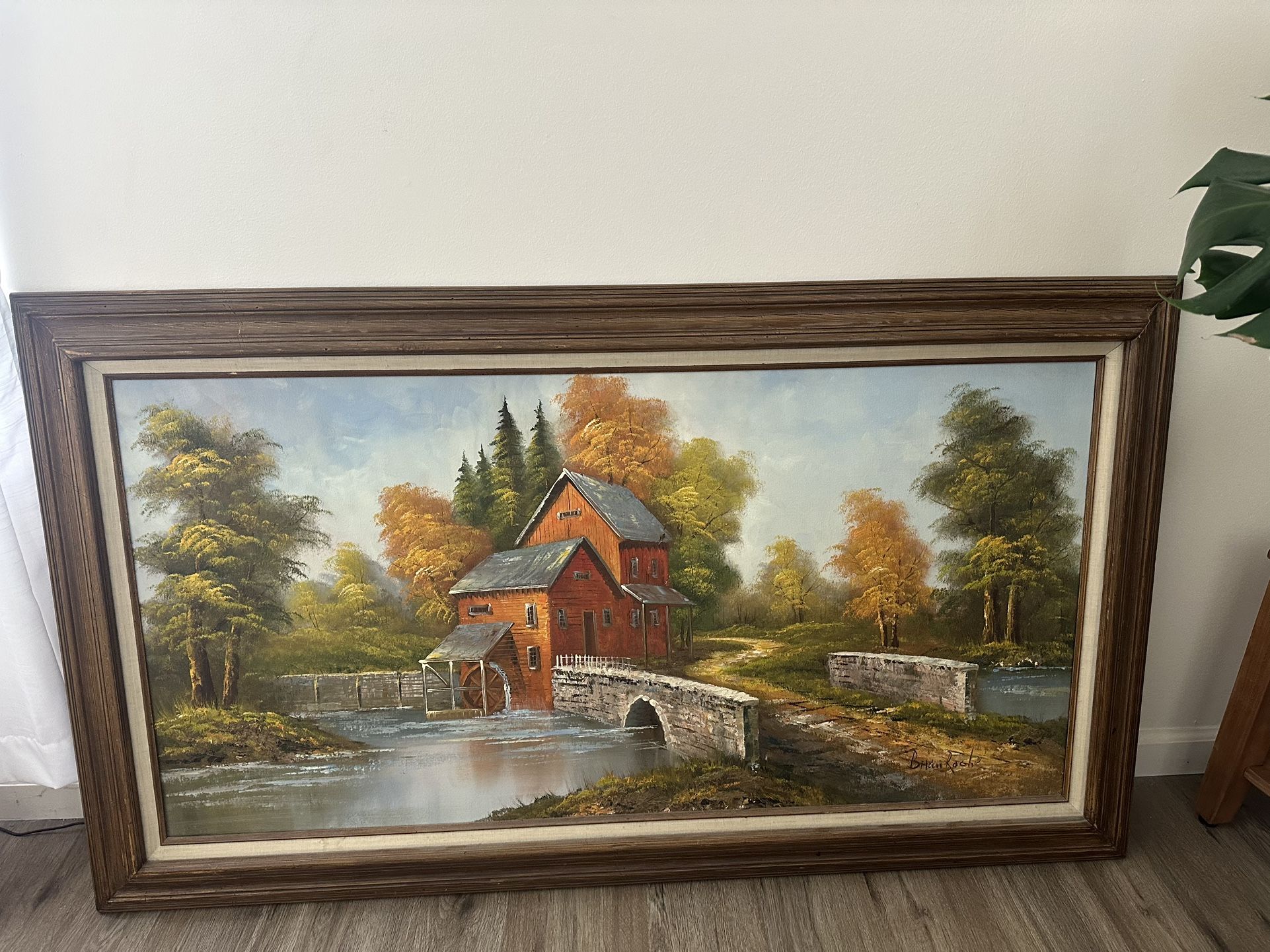 Framed Signed Brian Roche Oil on Canvas Painting Watermill Scene
