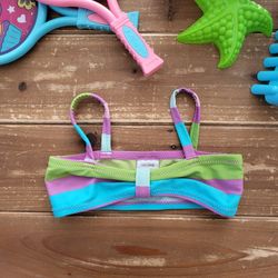 4T LILAC/CHARTREUSE GREEN/CYAN BLUE STRIPE BOW FRONT SWIM TOP