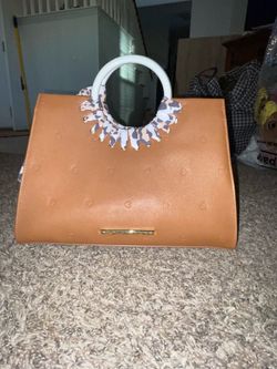 Betsey Johnson Tan Hearts Embossed Satchel Bag with Scarf Wrapped Handles