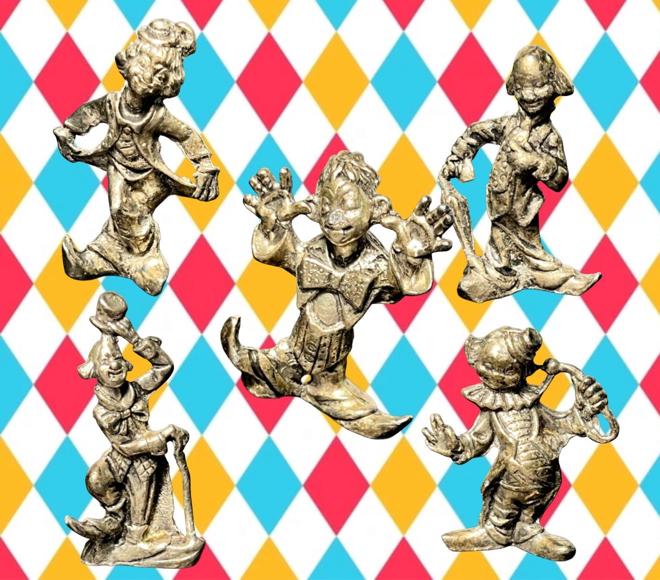 Spain Vintage 1970s Pewter Clown Figurines Set Of 5, 2.75” NWOB