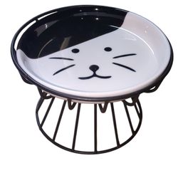 Brand New - Cat Feeder, Ceramic Cat Bowl with Metal Stand, Whisker Friendly, Anti Vomit, Dishwasher Safe, (Black & White)