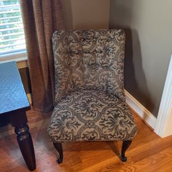 Side Chair, Curved Back And Legs, Elegant Design, Olive Green Beige Gold Fleur de Lis Patterned Fabric, $90 Each, I Have 2 Matching Chairs